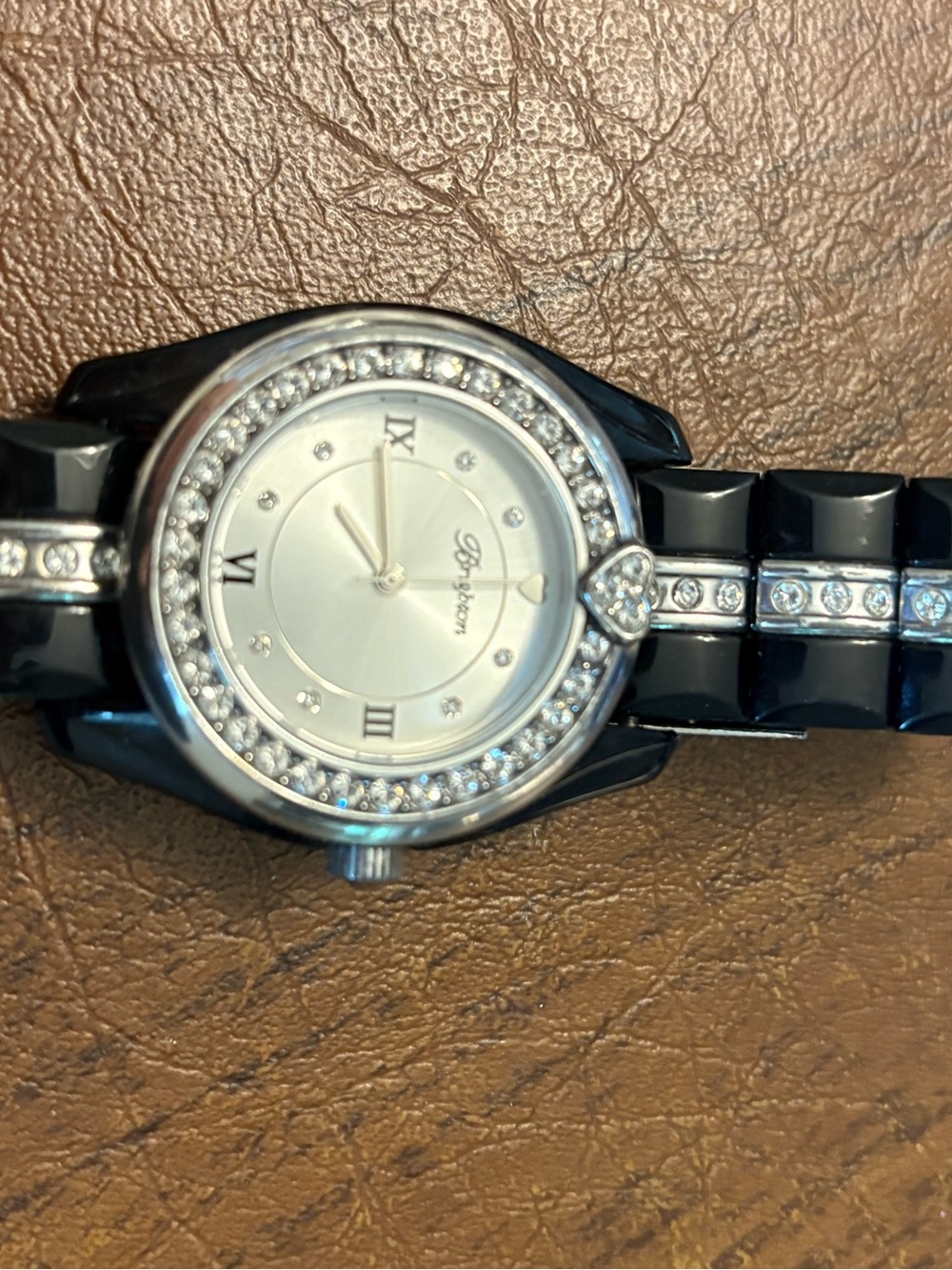 Brighton Silver-Tone Crystal Accent Black Bracelet Watch. Needs new battery